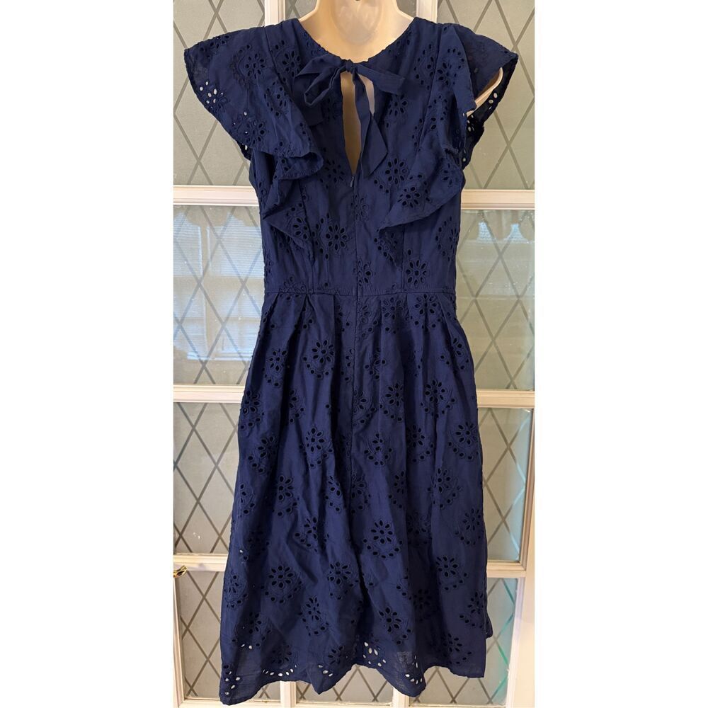 Chris McLaughlin Women's Flutter Sleeve Eyelet Ruffle Front Navy Blue Dress 6 - Picture 3 of 7